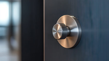 A close-up of a high-quality stainless steel door knob on a sleek door, capturing its modern design and smooth texture.の素材