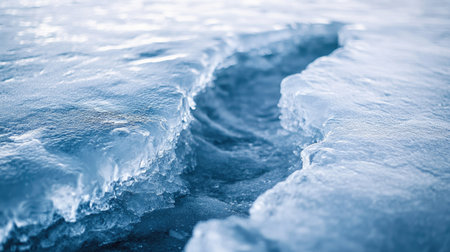 A close-up of a deep ice crack on a frozen lake, showing stunning textures and depth.の素材
