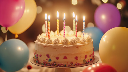 A close-up of a birthday cake with lit candles, surrounded by floating balloons and festive decor.の素材