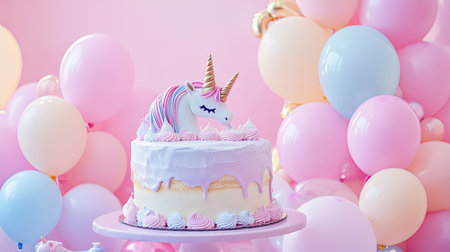 A cute birthday spread with a unicorn cake, pastel balloons, and a whimsical backdrop.の素材