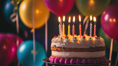 A close-up of a birthday cake with lit candles, surrounded by floating balloons and festive decor.の素材