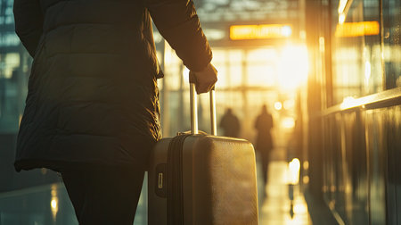 A close-up image of a man's hand clasping a suitcase handle, with soft sunlight reflecting off the suitcase as he walks through an airport.の素材