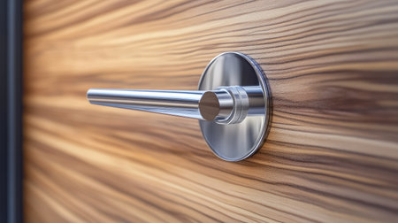 A close-up of a futuristic modern door handle with a sleek metallic finish, set against a minimalist wooden door.の素材