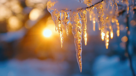 A close-up of a thick icicle, its frozen patterns glowing under the evening sun.の素材