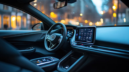 A clean, sleek autonomous car interior featuring integrated touch panels and a spacious, uncluttered design.の素材