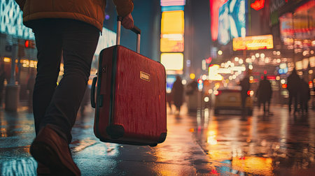 A close-up of a man's hand holding the suitcase handle while standing on a scenic street, with landmarks and an exciting city vibe.の素材