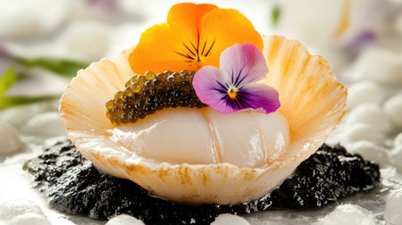 A close-up of a gourmet scallop with vibrant flowers and a sprinkle of caviar, perfect for fine dining.の素材