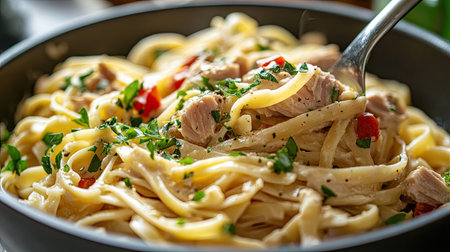 A close-up of canned tuna being carefully added to a gourmet pasta dish with fresh herbs and spices.の素材
