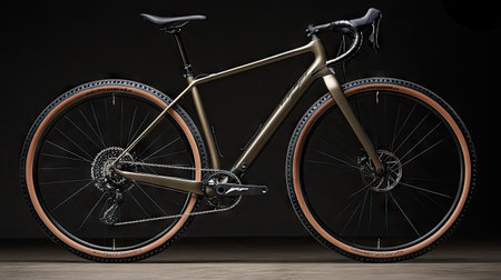 A detailed shot of a gravel bike's disc brakes and carbon fiber fork.の素材