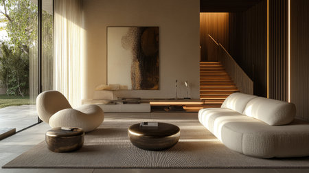 A cozy, minimalist luxury living room with neutral tones, contemporary furniture, and a warm ambiance created by elegant lighting.の素材