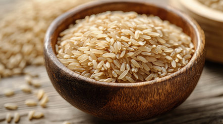 A close-up shot of dry brown short-grain rice in a rustic wooden bowl, surrounded by natural lighting.の素材