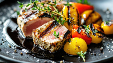 A close-up of canned tuna served with gourmet grilled vegetables, fresh herbs, and a drizzle of balsamic glaze.の素材