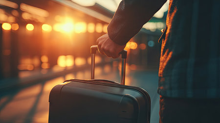 A close-up of a man's hand holding a suitcase handle while waiting at a boarding gate, ready for a business trip or holiday.の素材
