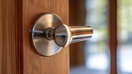 A close-up shot of a sleek stainless steel door knob, highlighting its polished surface and intricate details against a clean wooden door.の素材