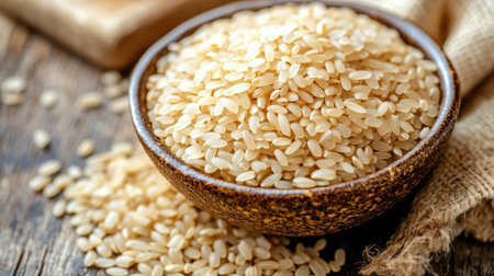 A close-up of dry brown short-grain rice in a bowl, with a few grains spilling out onto a rustic table.の素材
