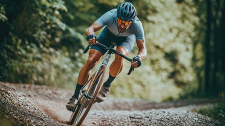 A cyclist leaning into a turn on a gravel trail, with a blurred background creating a sense of motion.の素材