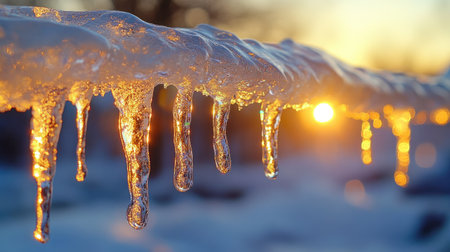 A close-up of a thick icicle, its frozen patterns glowing under the evening sun.の素材
