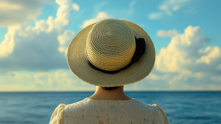 A close-up of a woman wearing a straw hat, with her back to the camera, gazing at the serene ocean horizon.の素材