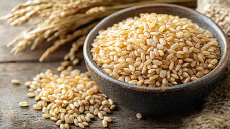 A close-up of dry brown short-grain rice in a bowl, with a few grains spilling out onto a rustic table.の素材