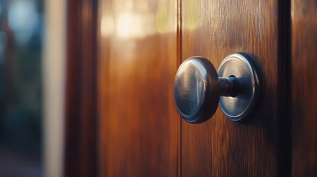A close-up shot of a modern, round door handle on a smooth wooden door, showcasing its polished metallic finish and modern aesthetics.の素材