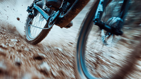 A close-up of spinning gravel bike wheels, with motion blur showing speed and energy.の素材