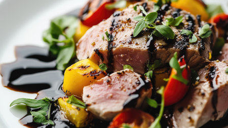 A close-up of canned tuna served with gourmet grilled vegetables, fresh herbs, and a drizzle of balsamic glaze.の素材