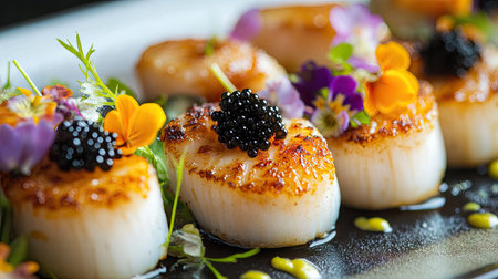 A close-up of gourmet scallops arranged elegantly with vibrant edible flowers and black caviar, set on a fine dining plate.の素材