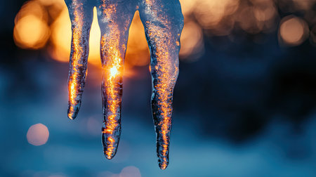 A close-up of a thick icicle, its frozen patterns glowing under the evening sun.の素材