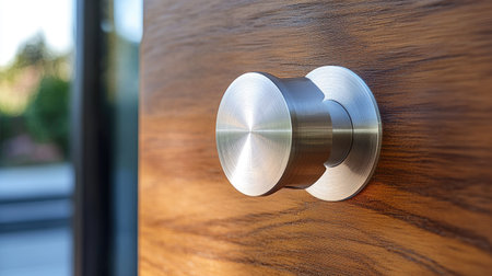 A close-up shot of a stainless steel door knob with a matte finish on a door, highlighting the contrast with the natural wood texture.の素材