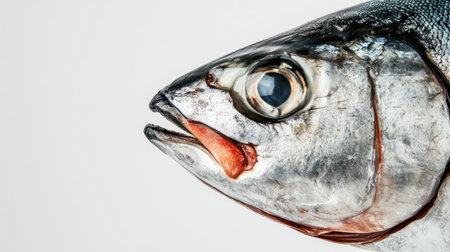 A close-up of fresh tuna fish, showcasing its bright red meat against a clean white background.の素材