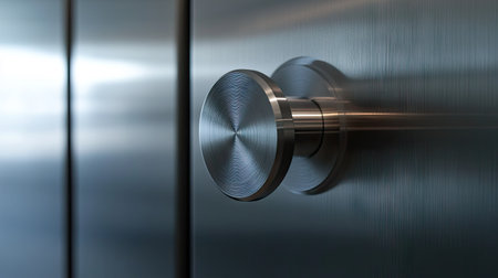 A detailed focus on a stainless steel door knob, capturing the texture and shine of the handle on a smooth, contemporary door.の素材