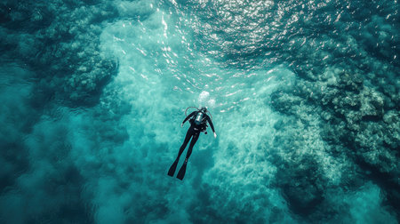 A deep-sea diver floating effortlessly in the calm, crystal-clear waters of a tropical ocean.の素材