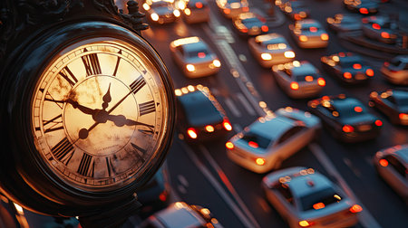 A close-up shot of cars moving through a busy intersection during rush hour, with a quickly spinning clock overlay.の素材