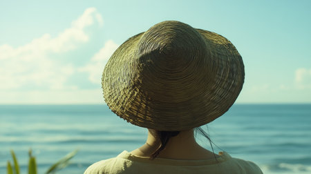 A close-up of a woman wearing a straw hat, with her back to the camera, gazing at the serene ocean horizon.の素材