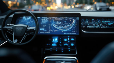 A close-up of a self-driving car's digital dashboard, showing navigation and automated control systems.の素材
