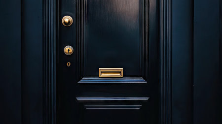 A contemporary door handle on a sleek, dark-colored door, focusing on the handle's polished texture and minimalist style.の素材