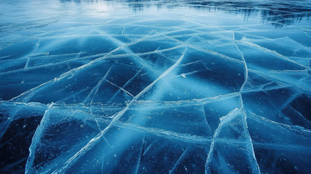 A close-up of deep blue ice cracks spreading across the surface of a frozen lake.の素材