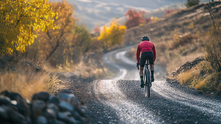 A cyclist navigating a challenging gravel road, with motion blur conveying movement.の素材