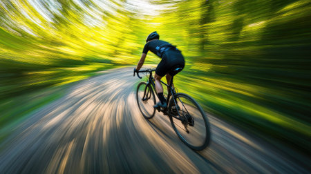 A cyclist on a gravel bike, captured with a panning motion blur effect on a winding trail.の素材