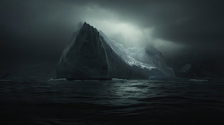 A dark ocean with an iceberg floating ominously, its true size lurking below unseen.の素材