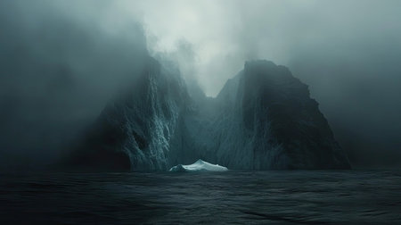 A dark ocean with an iceberg floating ominously, its true size lurking below unseen.の素材