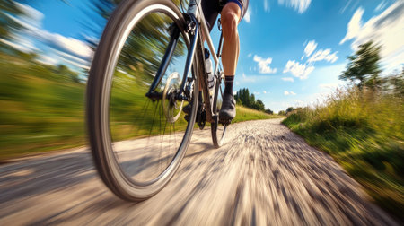 A cyclist speeding down a gravel trail on a modern gravel bike, with motion blur in the background.の素材