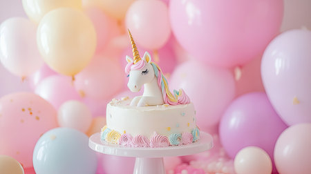 A cute birthday spread with a unicorn cake, pastel balloons, and a whimsical backdrop.の素材