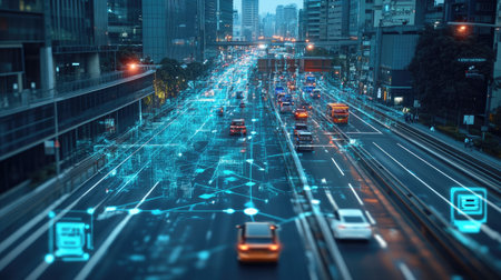 A digital map of a smart city, showing the flow of traffic and autonomous vehicles in real-time.の素材