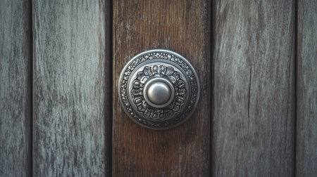 A detailed shot of a brushed stainless steel door knob, highlighting the intricate design and texture against a minimalist wooden door.の素材