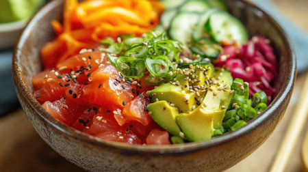 A delicious tuna poke bowl with canned tuna, diced avocado, and crunchy vegetables in a gourmet bowl.の素材