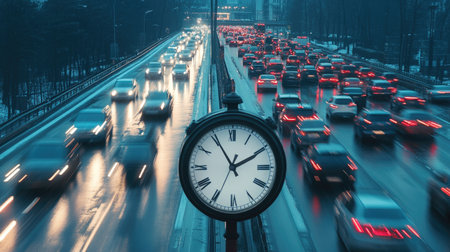 A highway full of cars during rush hour with a quickly spinning clock overlay, showing the speed of time passing.の素材