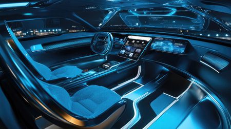 A luxurious autonomous car interior with custom seating, interactive digital panels, and futuristic controls.の素材