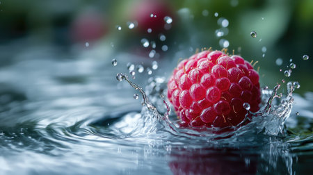 A juicy raspberry breaking the water's surface, sending ripples and droplets flying in all directions.の素材