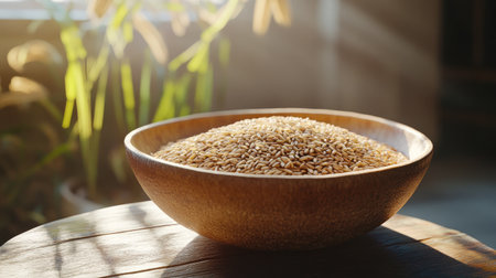 A large bowl filled with dry brown short-grain rice sitting on a wooden surface with sunlight streaming in.の素材